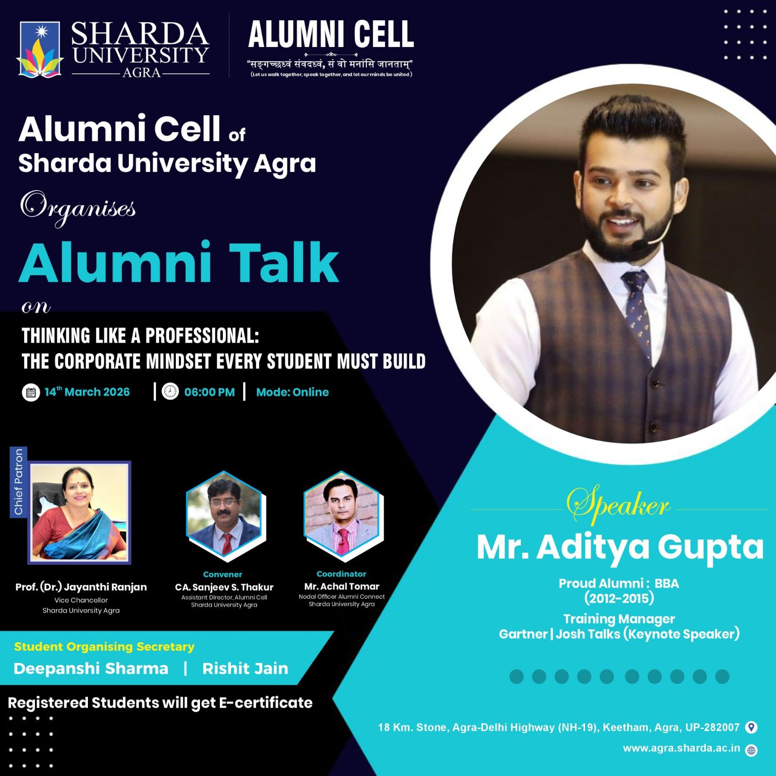 Alumni Cell organizing an engaging Alumni Talk on Thinking Like a Professional - Sharda University Agra