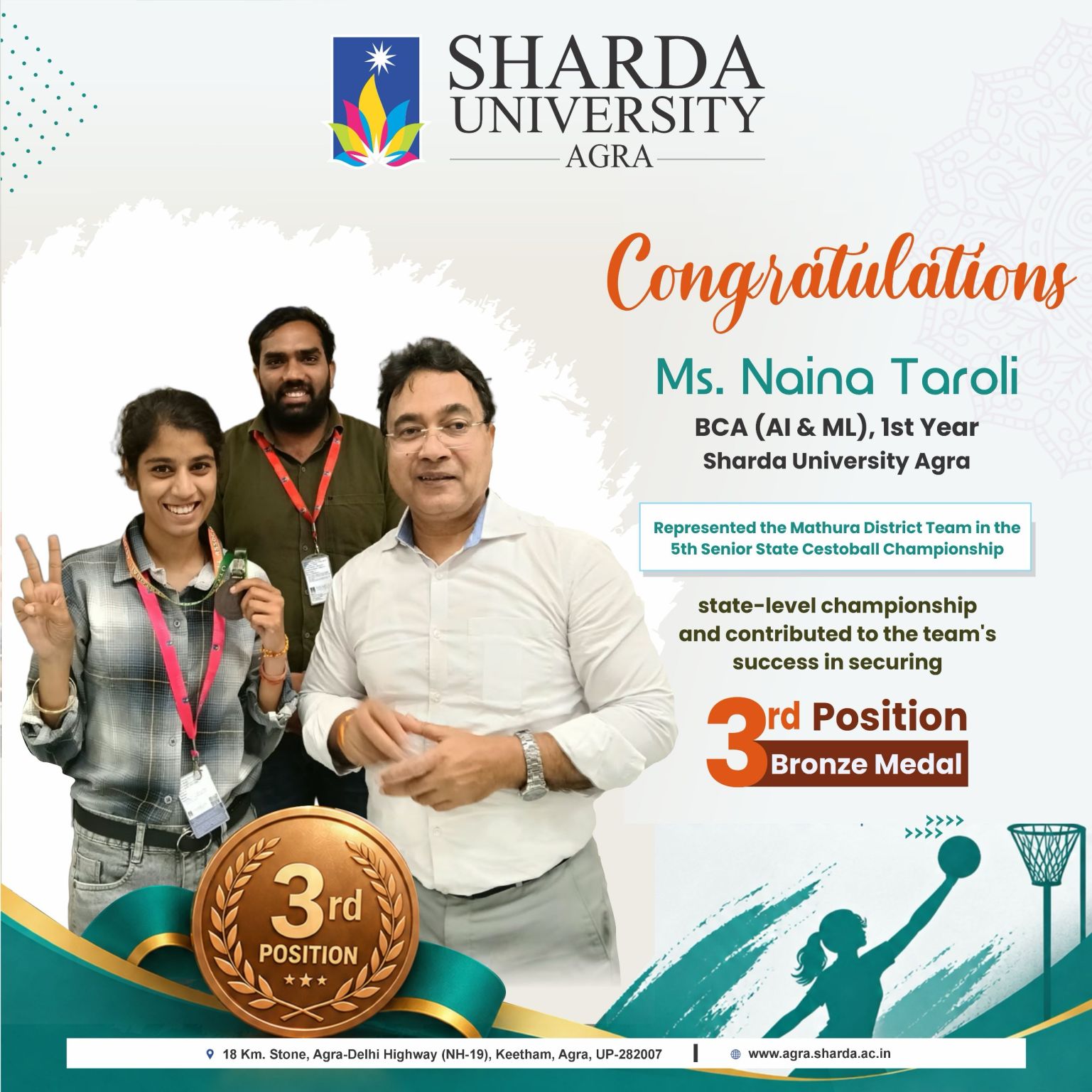 Congratulations to Ms. Naina Taroli, BCA (AI & ML) - Sharda University Agra